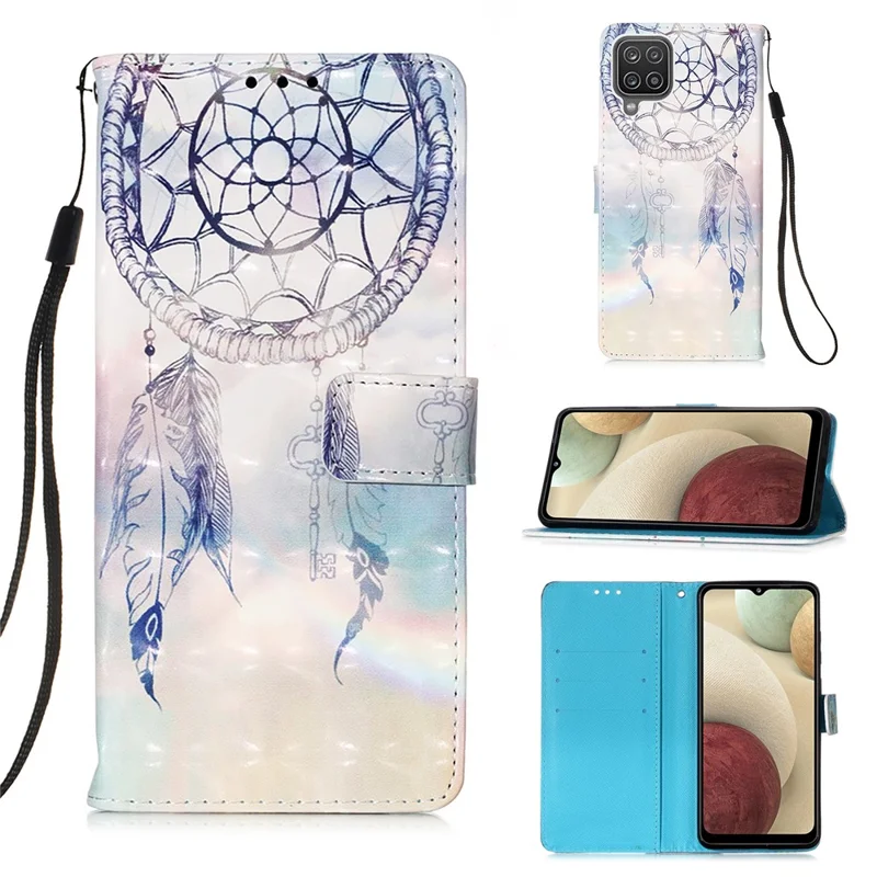 Lanyard Design Pattern Printing Design Leather Phone Case with Wallet and Stand for Samsung Galaxy A12 / M12 - Dreamcatcher and Rainbow