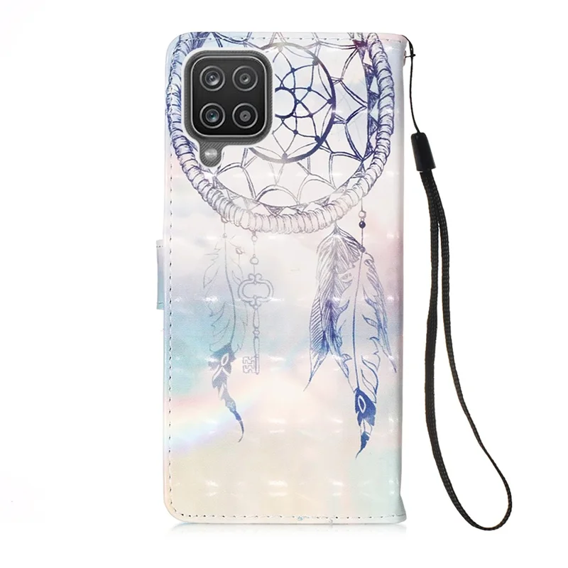 Lanyard Design Pattern Printing Design Leather Phone Case with Wallet and Stand for Samsung Galaxy A12 / M12 - Dreamcatcher and Rainbow