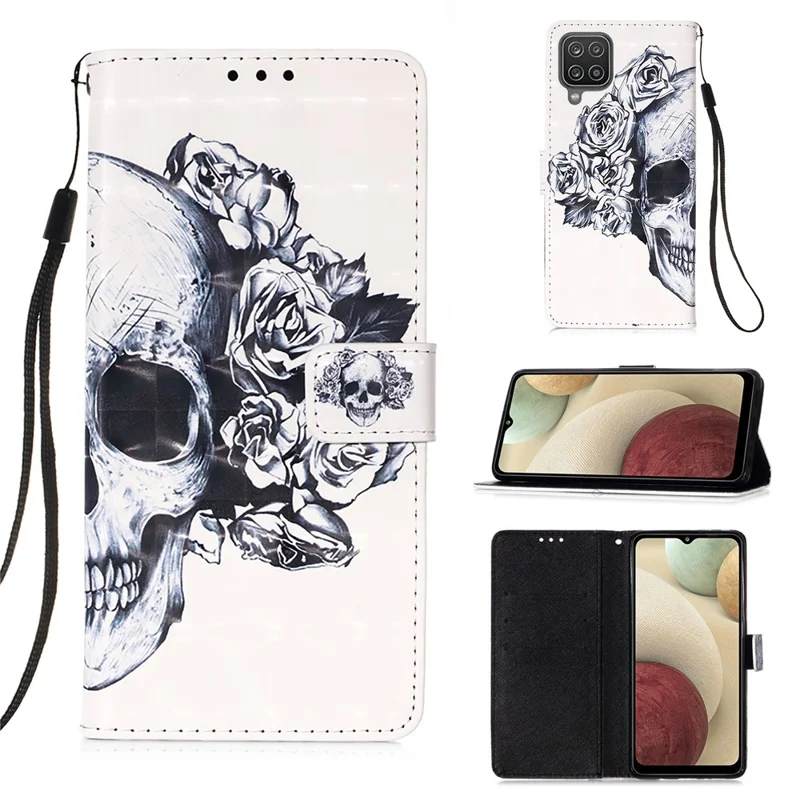 Lanyard Design Patrón de Impresión Diseño Caja de Teléfono de Cuero Con Billetera y Soporte Para Samsung Galaxy A12/M12 - Calavera y Flores