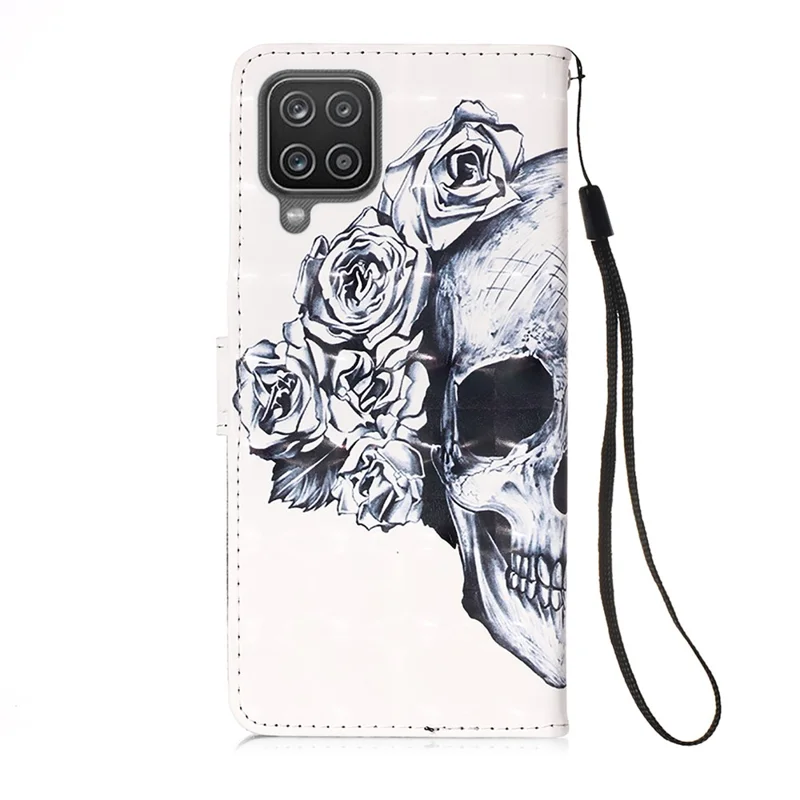 Lanyard Design Patrón de Impresión Diseño Caja de Teléfono de Cuero Con Billetera y Soporte Para Samsung Galaxy A12/M12 - Calavera y Flores