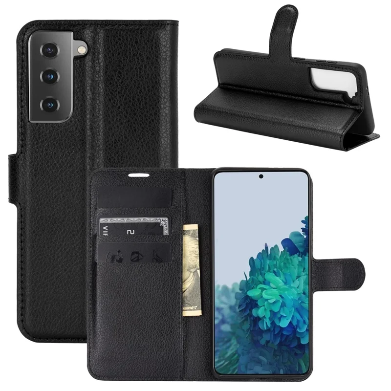 Litchi Texture Leather Phone Protective Cover with Wallet Stand Design for Samsung Galaxy S21+ 5G - Black