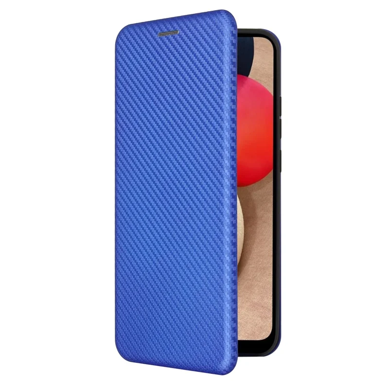 Anti-scratch Carbon Fiber Texture Auto-absorbed Leather Cover for Samsung Galaxy A02s (164.2x75.9x9.1mm) Stand Shell - Blue