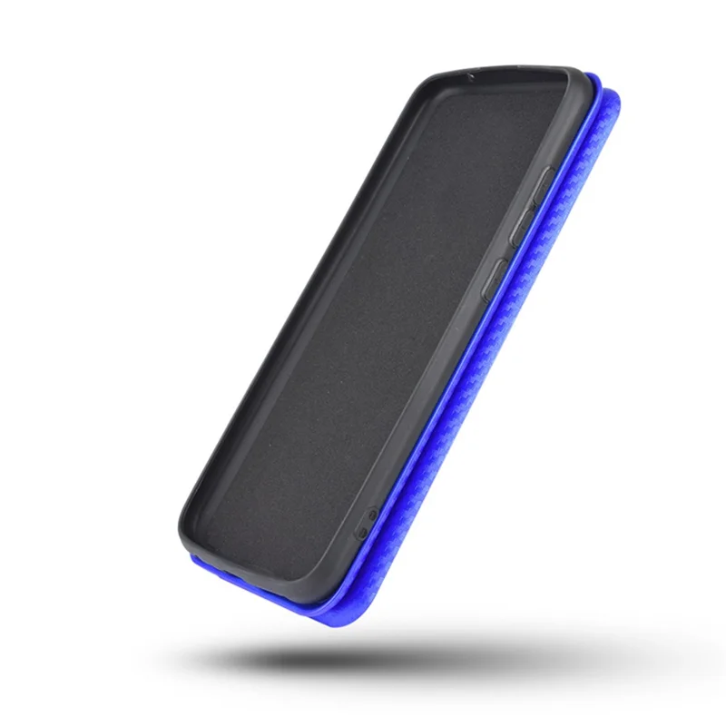 Textura de Textura de Textura de Fibra de Carbona Anti-raco Tampa de Couro Absorvida Automaticamente Para Samsung Galaxy A02s (164,2x75.9x9.1mm) Shell Stand - Azul