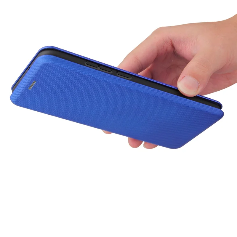 Textura de Textura de Textura de Fibra de Carbona Anti-raco Tampa de Couro Absorvida Automaticamente Para Samsung Galaxy A02s (164,2x75.9x9.1mm) Shell Stand - Azul