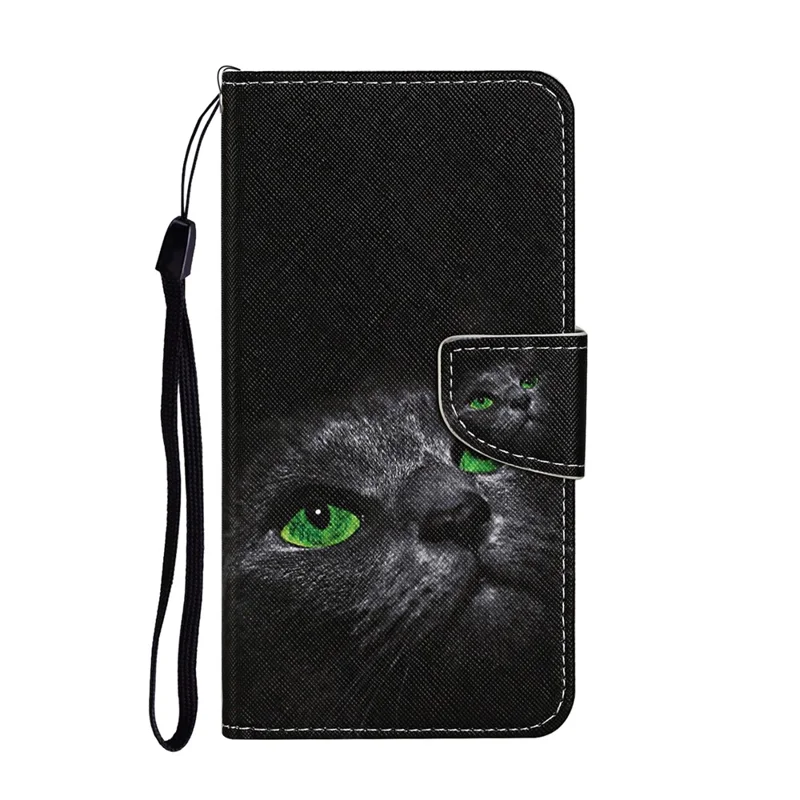 TPU + PU Leather Wallet Stand Phone Case with Lanyard for Samsung Galaxy A72 5G / A72 4G - Black Cat