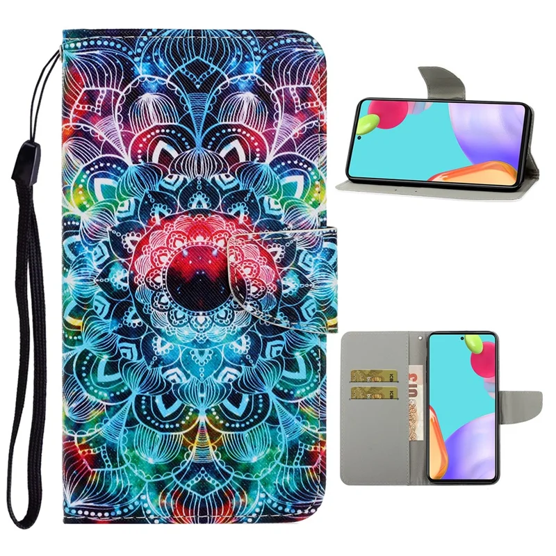 TPU + PU Leather Wallet Stand Phone Case with Lanyard for Samsung Galaxy A52 4G/5G / A52s 5G - Mandala Flower