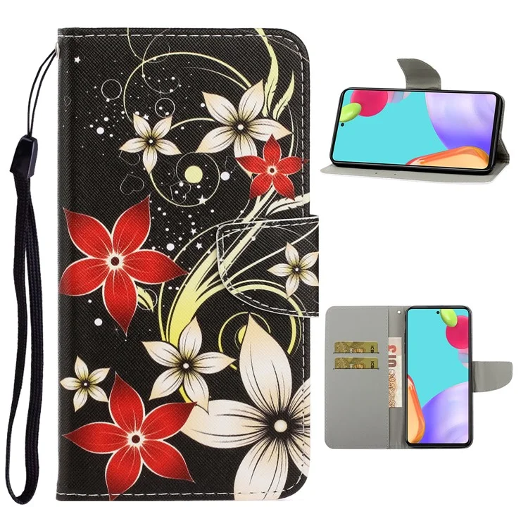 TPU + PU Leather Wallet Stand Phone Case with Lanyard for Samsung Galaxy A52 4G/5G / A52s 5G - Beautiful Flower