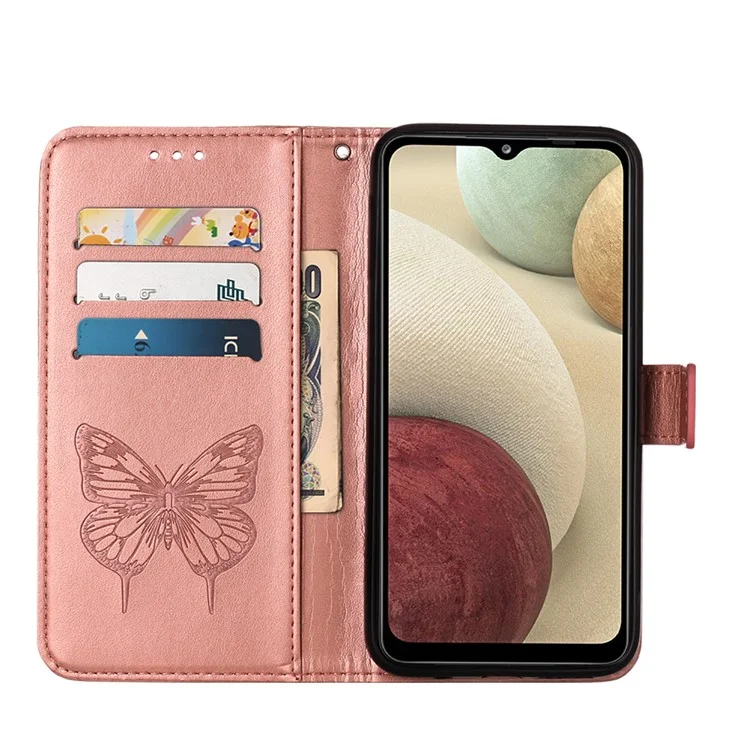 Imprint Butterfly Flower Pattern Wallet Stand Leather Case for Samsung Galaxy A12 - Rose Gold