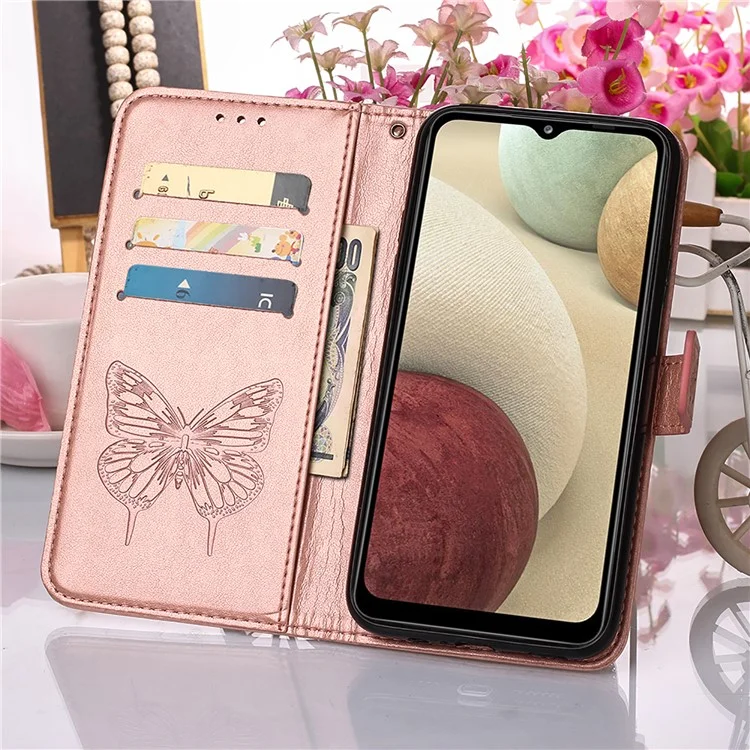 Imprint Butterfly Flower Pattern Wallet Stand Leather Case for Samsung Galaxy A12 - Rose Gold