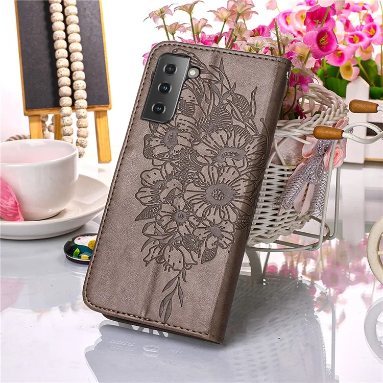 Imprint Butterfly Flower Pattern Wallet Stand Leather Case für Samsung Galaxy S21 4G/5G - Grau