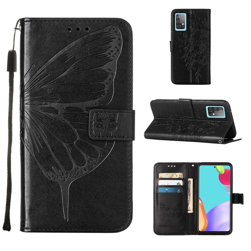 Imprint Butterfly Flower Pattern Wallet Stand Leather Case for Samsung Galaxy A52 4G/5G / A52s 5G - Black