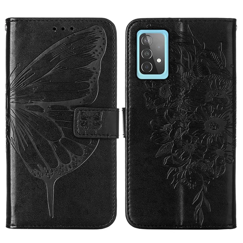 Imprint Butterfly Flower Pattern Wallet Stand Leather Case for Samsung Galaxy A52 4G/5G / A52s 5G - Black