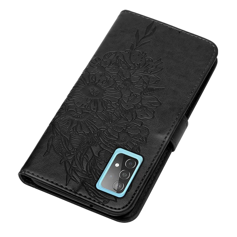 Imprint Butterfly Flower Pattern Wallet Stand Leather Case for Samsung Galaxy A52 4G/5G / A52s 5G - Black