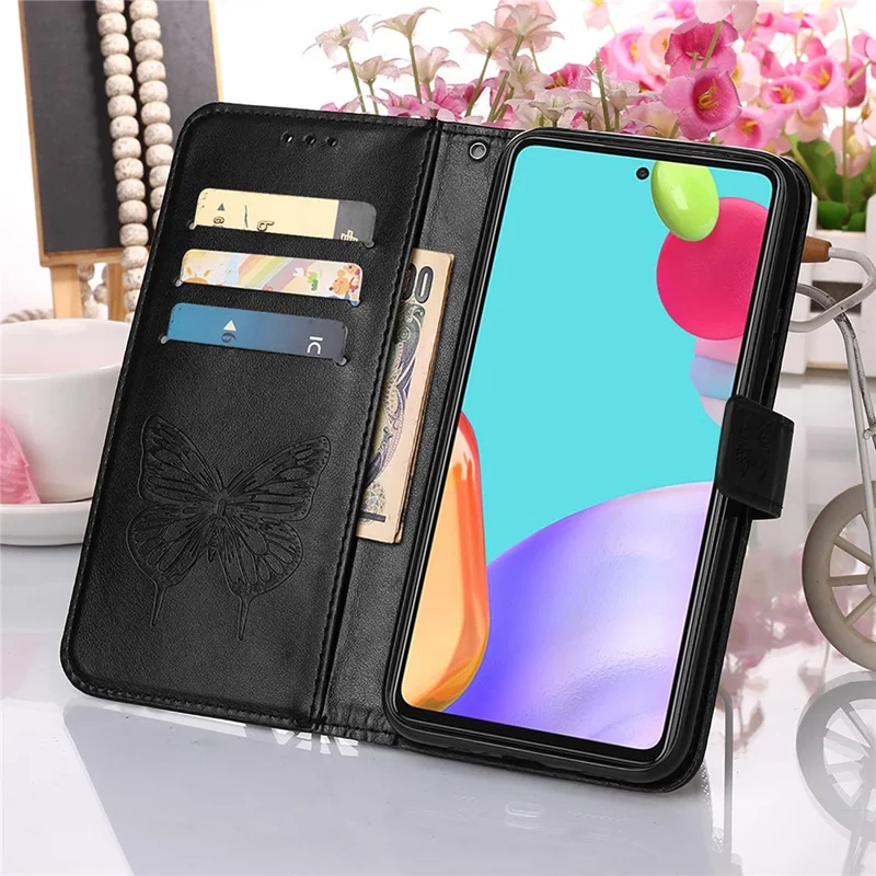 Imprint Butterfly Flower Pattern Wallet Stand Leather Case for Samsung Galaxy A52 4G/5G / A52s 5G - Black