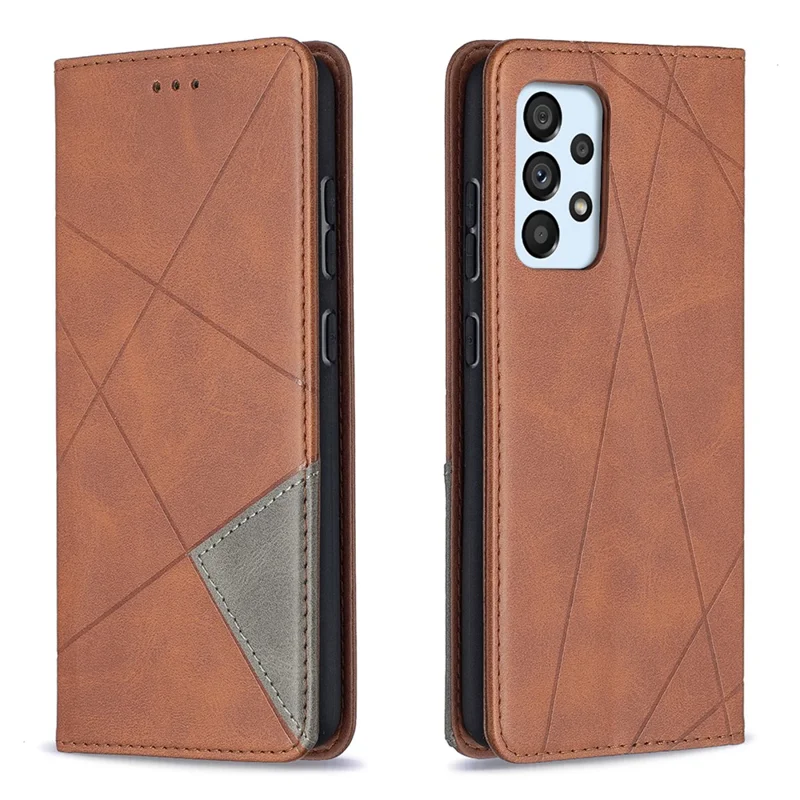 For Samsung Galaxy A52 4G / 5G / A52s 5G Geometric Pattern Leather Stand Case Card Holder Shell - Brown