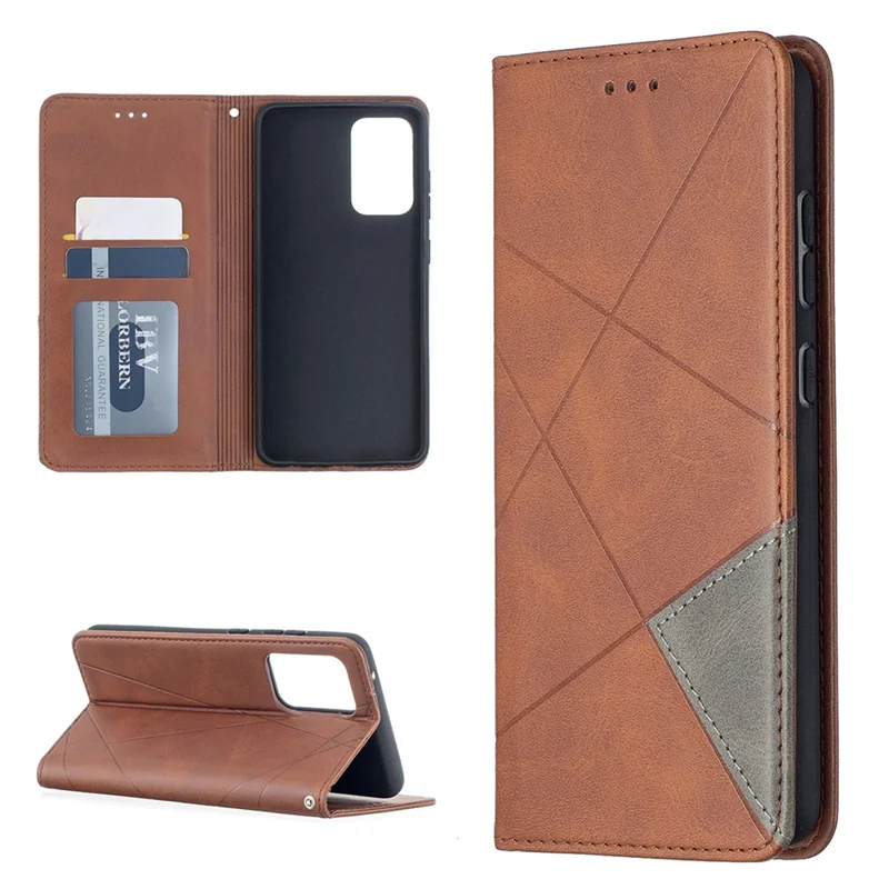 For Samsung Galaxy A52 4G / 5G / A52s 5G Geometric Pattern Leather Stand Case Card Holder Shell - Brown