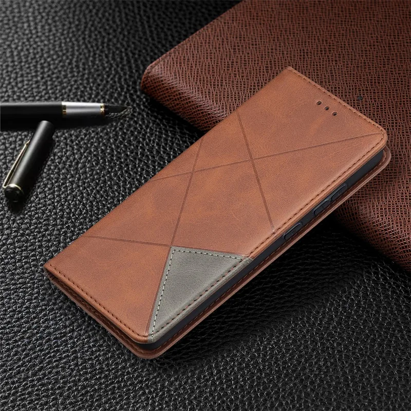 For Samsung Galaxy A52 4G / 5G / A52s 5G Geometric Pattern Leather Stand Case Card Holder Shell - Brown