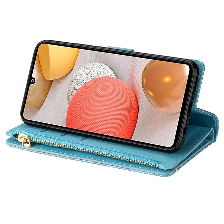 Portafoglio in pelle con incisione laser a stile glitterato e stellato per Samsung Galaxy A12 - Blu