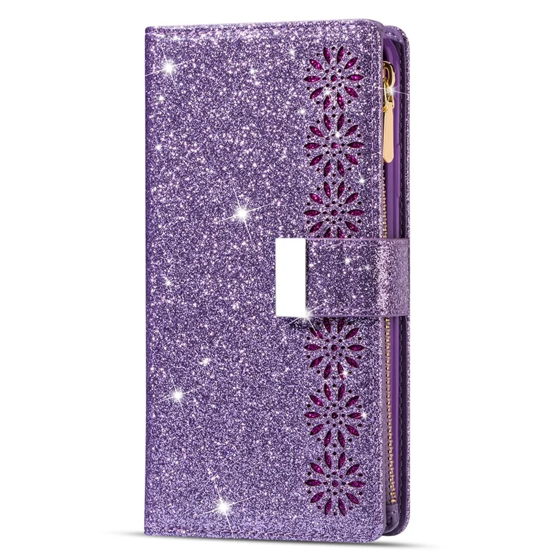 Glittery Starry Style Laser Carving Zipper Wallet Leather Case for Samsung Galaxy A12 - Purple