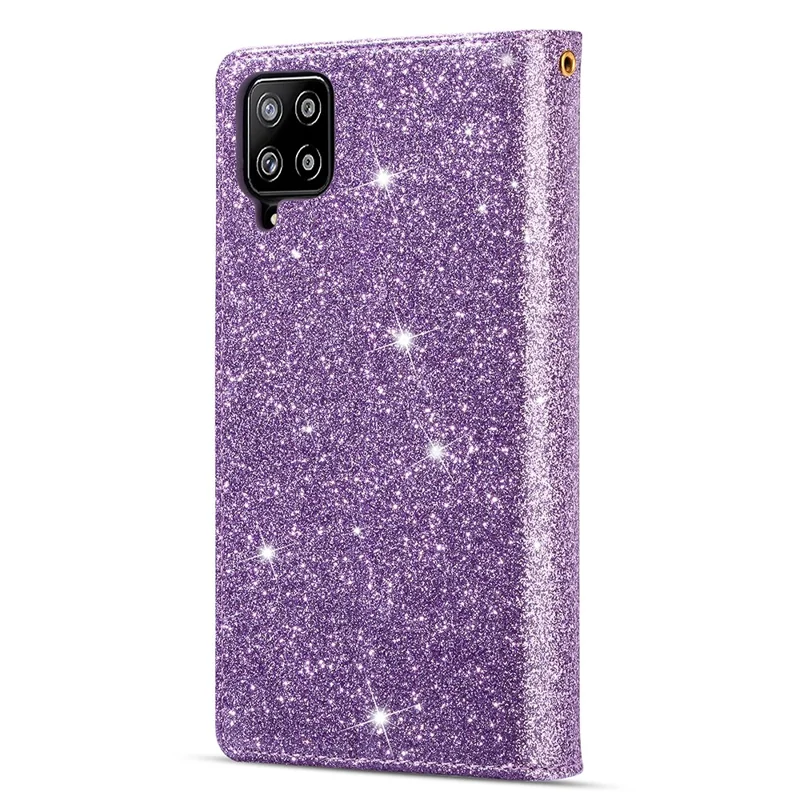 Glittery Starry Style Laser Carving Zipper Wallet Leather Case for Samsung Galaxy A12 - Purple