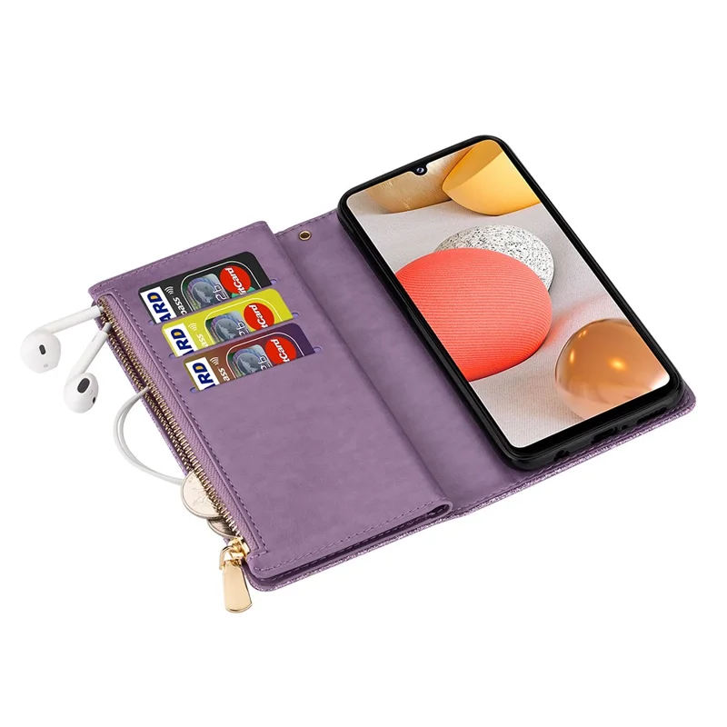 Glittery Starry Style Laser Carving Zipper Wallet Leather Case for Samsung Galaxy A12 - Purple