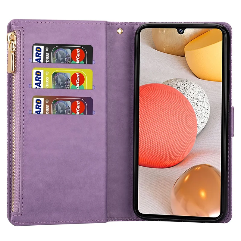 Glittery Starry Style Laser Carving Zipper Wallet Leather Case for Samsung Galaxy A12 - Purple