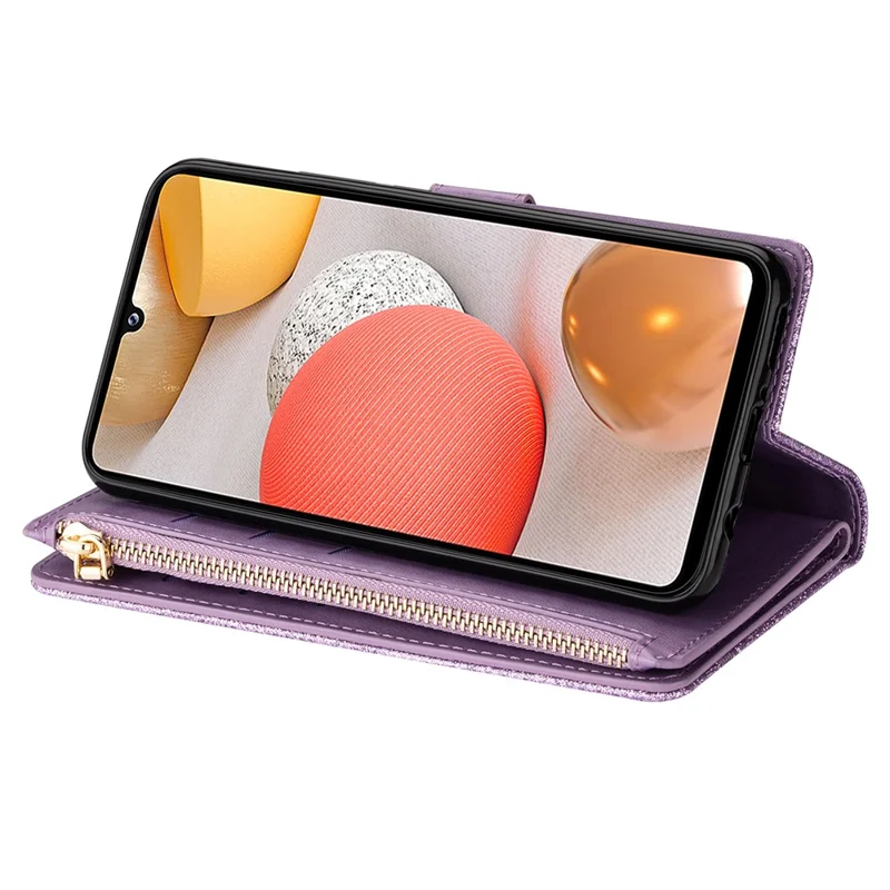Glittery Starry Style Laser Carving Zipper Wallet Leather Case for Samsung Galaxy A12 - Purple