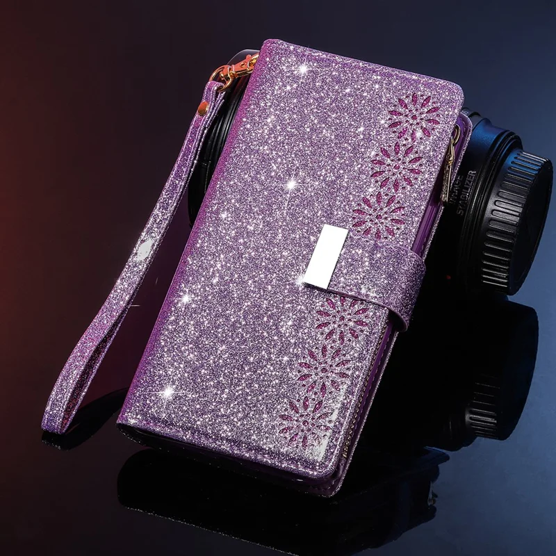 Glittery Starry Style Laser Carving Zipper Wallet Leather Case for Samsung Galaxy A12 - Purple