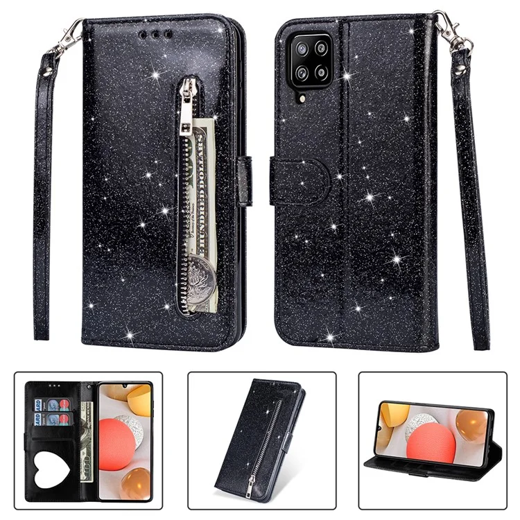 Flash Powder Zipper Pocket Wallet Flip Leather Phone Case with Strap for Samsung Galaxy A12 - Black