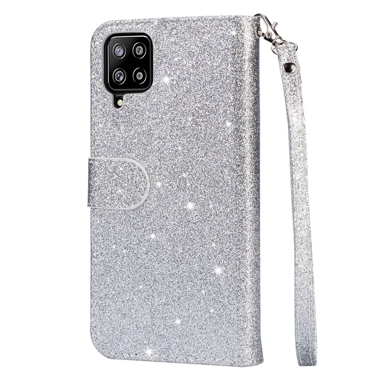 Glitzerpulver-Reißverschlusstaschen-Geldbörse aus Leder mit Klapphalterung für das Samsung Galaxy A12 - Silber
