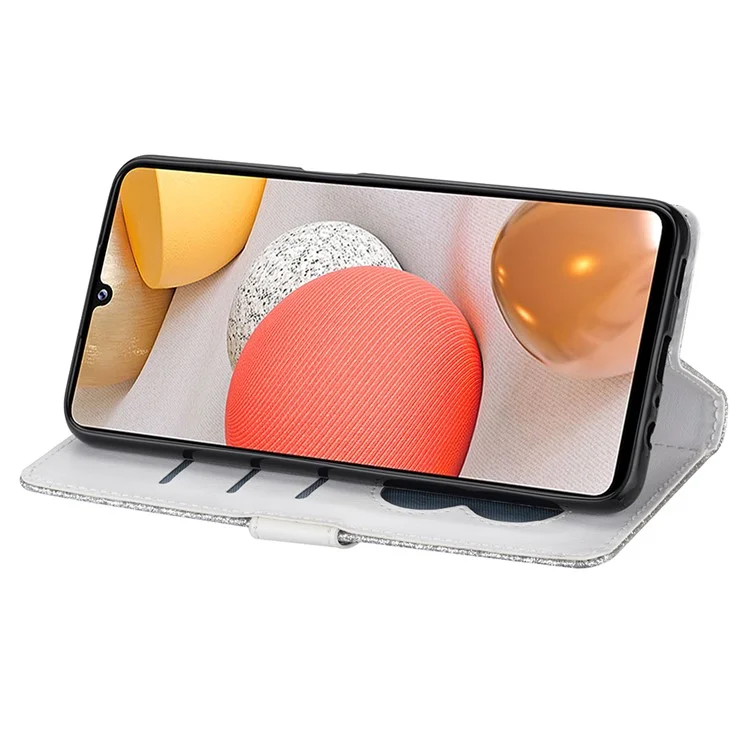 Glitzerpulver-Reißverschlusstaschen-Geldbörse aus Leder mit Klapphalterung für das Samsung Galaxy A12 - Silber