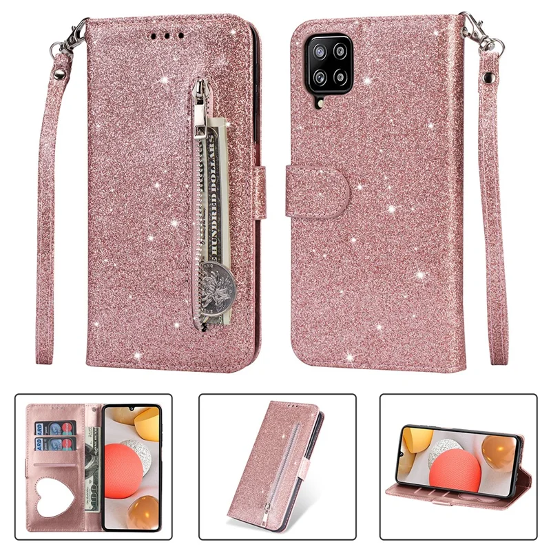 Flash Powder Zipper Pocket Wallet Flip Leather Phone Case with Strap for Samsung Galaxy A12 - Rose Gold