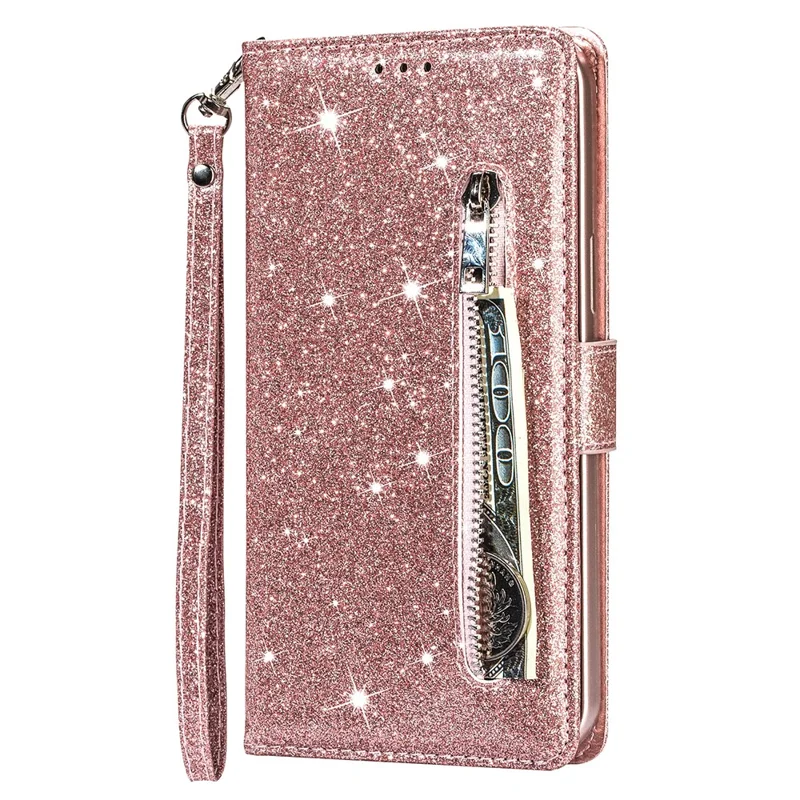 Flash Powder Zipper Pocket Wallet Flip Leather Phone Case with Strap for Samsung Galaxy A12 - Rose Gold