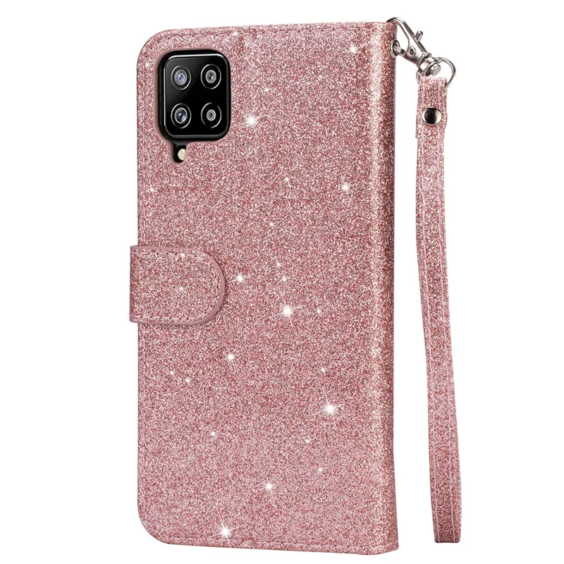Flash Powder Zipper Pocket Wallet Flip Leather Phone Case with Strap for Samsung Galaxy A12 - Rose Gold