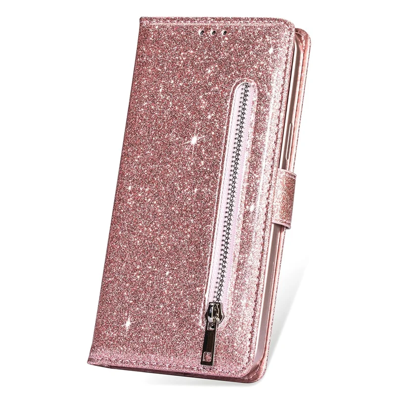 Flash Powder Zipper Pocket Wallet Flip Leather Phone Case with Strap for Samsung Galaxy A12 - Rose Gold