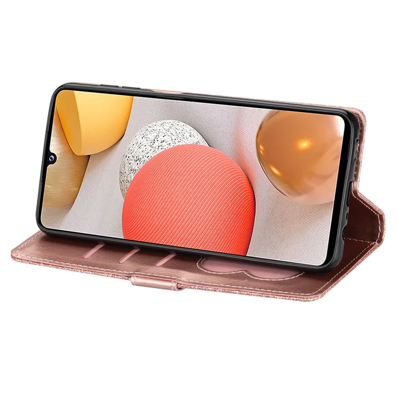 Flash Powder Zipper Pocket Wallet Flip Leather Phone Case with Strap for Samsung Galaxy A12 - Rose Gold