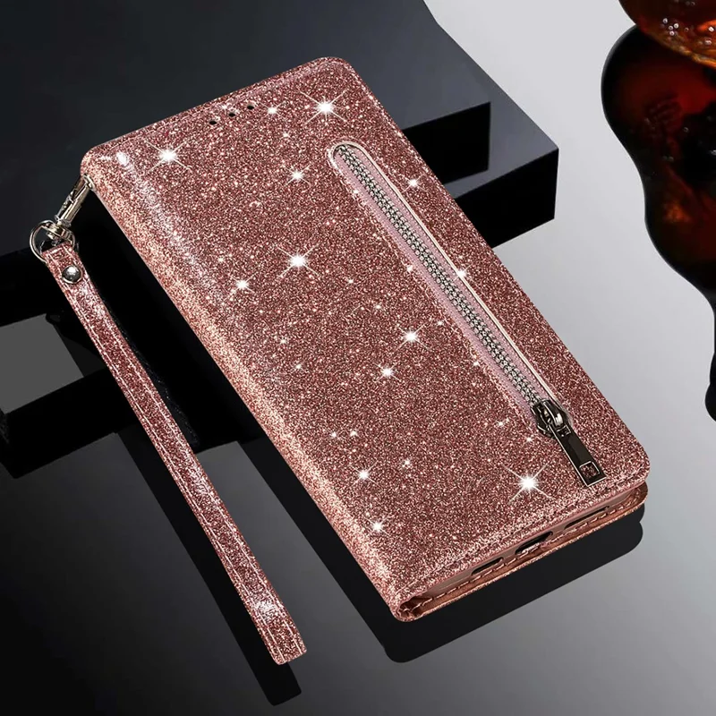 Flash Powder Zipper Pocket Wallet Flip Leather Phone Case with Strap for Samsung Galaxy A12 - Rose Gold