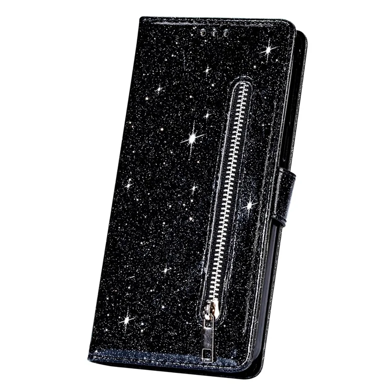 Flash Powder Zipper Pocket Wallet Flip Leather Phone Case with Strap for Samsung Galaxy S21 Ultra 5G - Black