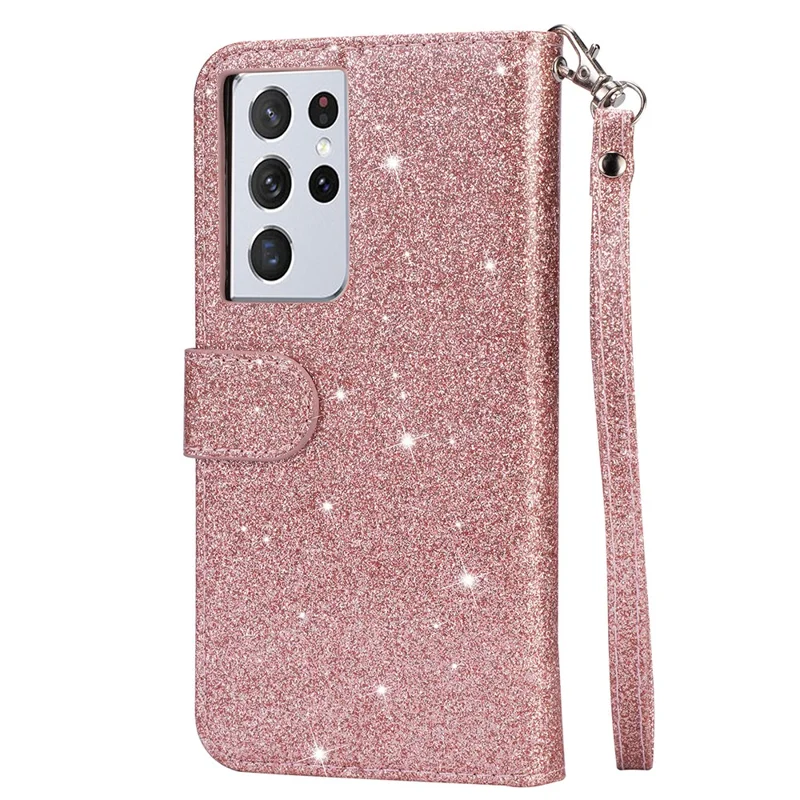 Flash Powder Zipper Pocket Wallet Flip Leather Phone Case with Strap for Samsung Galaxy S21 Ultra 5G - Rose Gold
