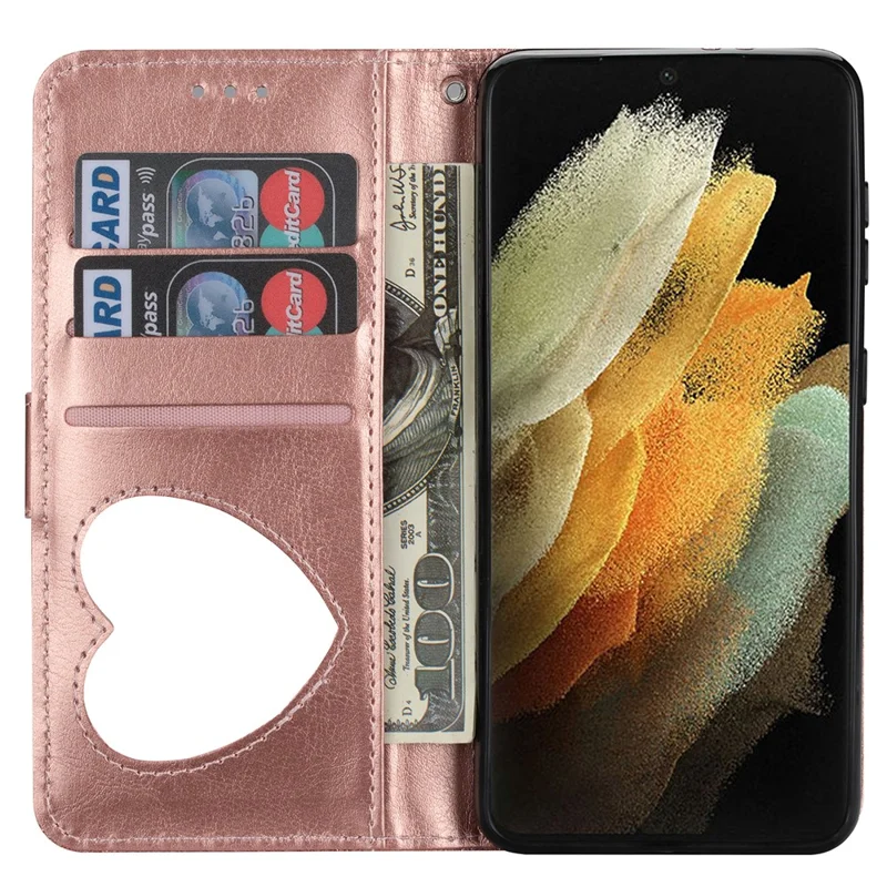 Flash Powder Zipper Pocket Wallet Flip Leather Phone Case with Strap for Samsung Galaxy S21 Ultra 5G - Rose Gold