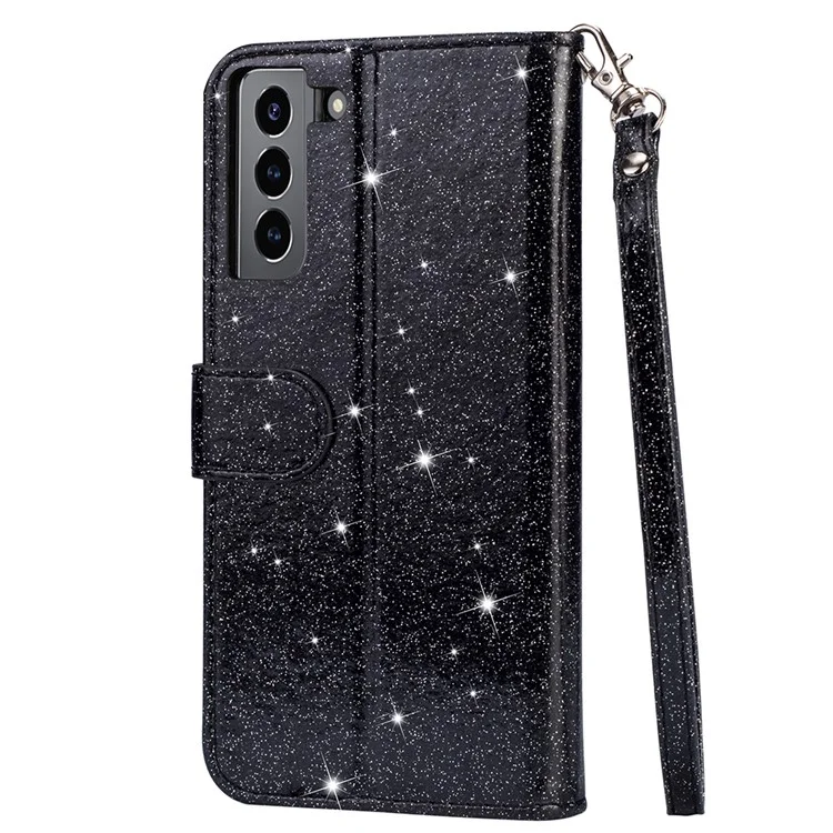 Flash Powder Zipper Pocket Wallet Flip Leather Phone Case with Strap for Samsung Galaxy S21 4G/5G - Black