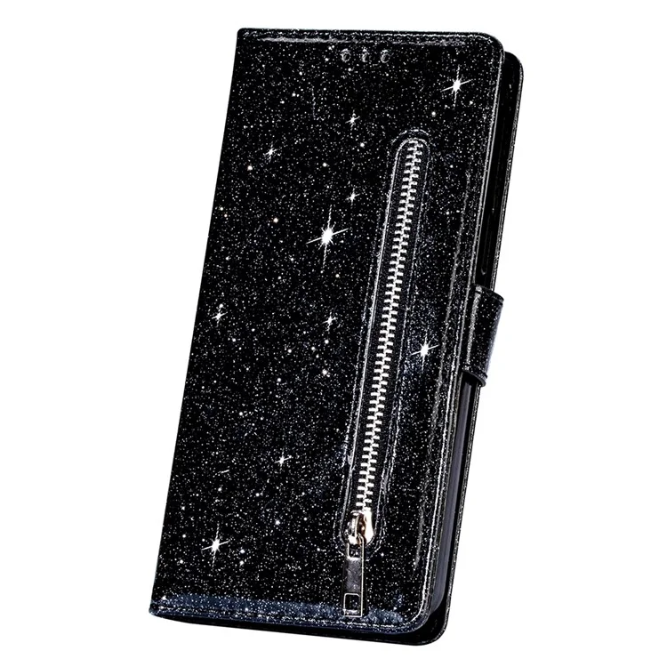 Flash Powder Zipper Pocket Wallet Flip Leather Phone Case with Strap for Samsung Galaxy S21 4G/5G - Black