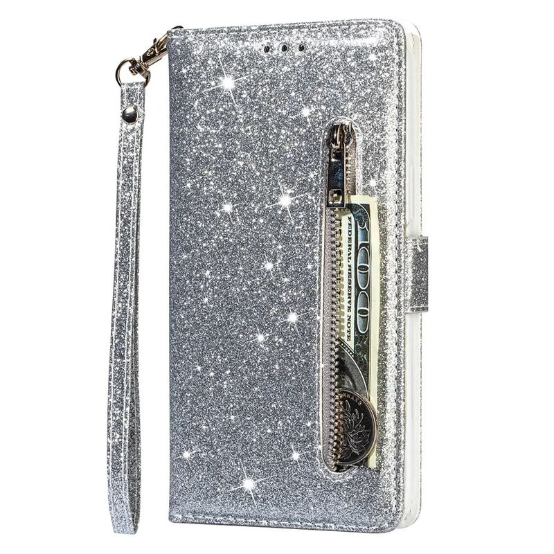 Flash Powder Zipper Pocket Wallet Flip Leather Phone Case with Strap for Samsung Galaxy S21 4G/5G - Silver