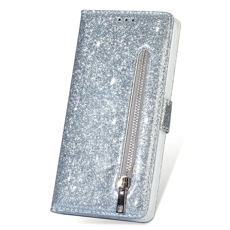 Flash Powder Zipper Pocket Wallet Flip Leather Phone Case with Strap for Samsung Galaxy S21 4G/5G - Silver