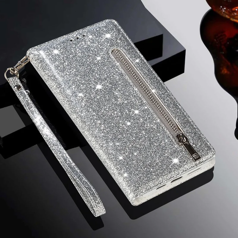 Flash Powder Zipper Pocket Wallet Flip Leather Phone Case with Strap for Samsung Galaxy S21 4G/5G - Silver