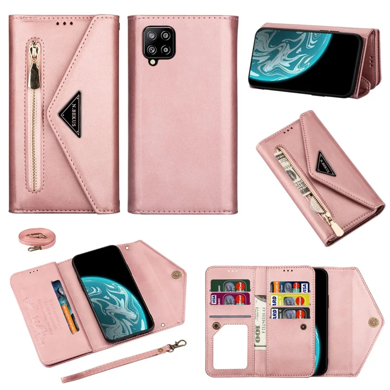 Zipper Wallet Leather Shell Stand Phone Cover with Short + Long Strap for Samsung Galaxy A12 - Rose Gold
