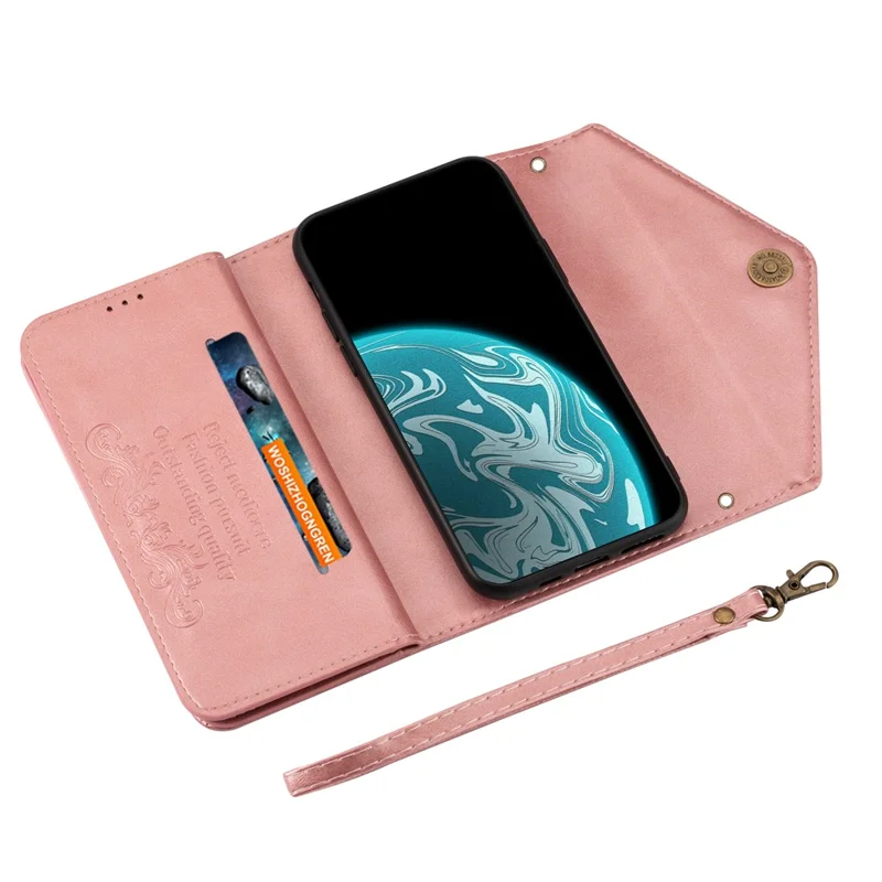 Zipper Wallet Leather Shell Stand Phone Cover with Short + Long Strap for Samsung Galaxy A12 - Rose Gold