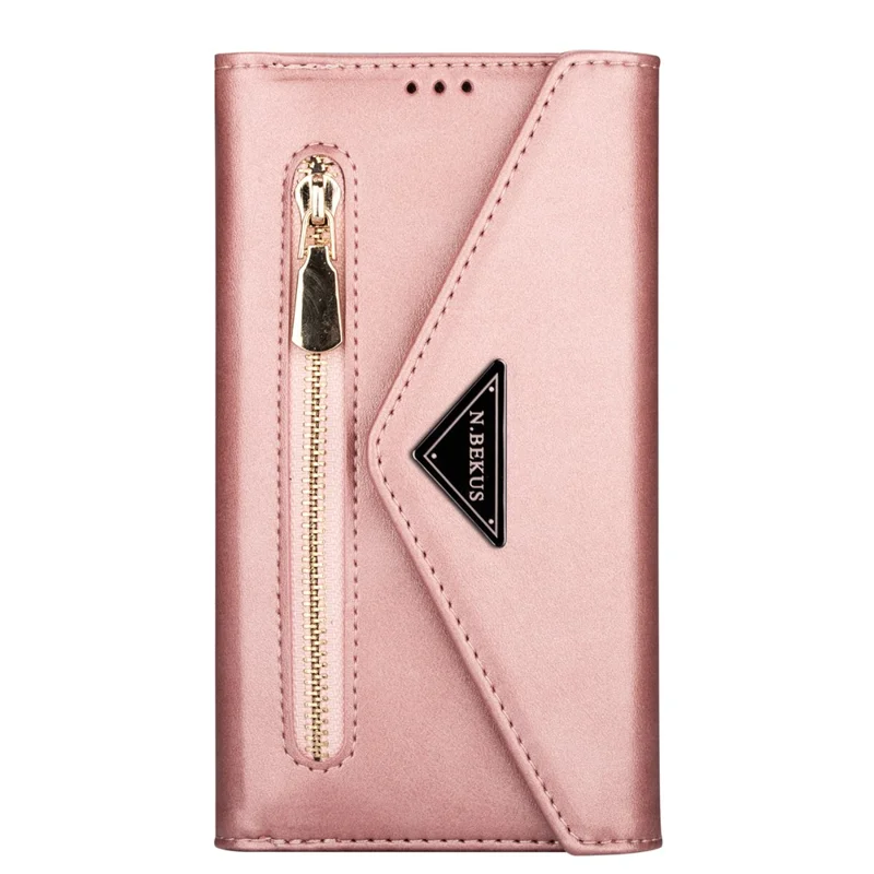 Zipper Wallet Leather Shell Stand Phone Cover with Short + Long Strap for Samsung Galaxy A12 - Rose Gold