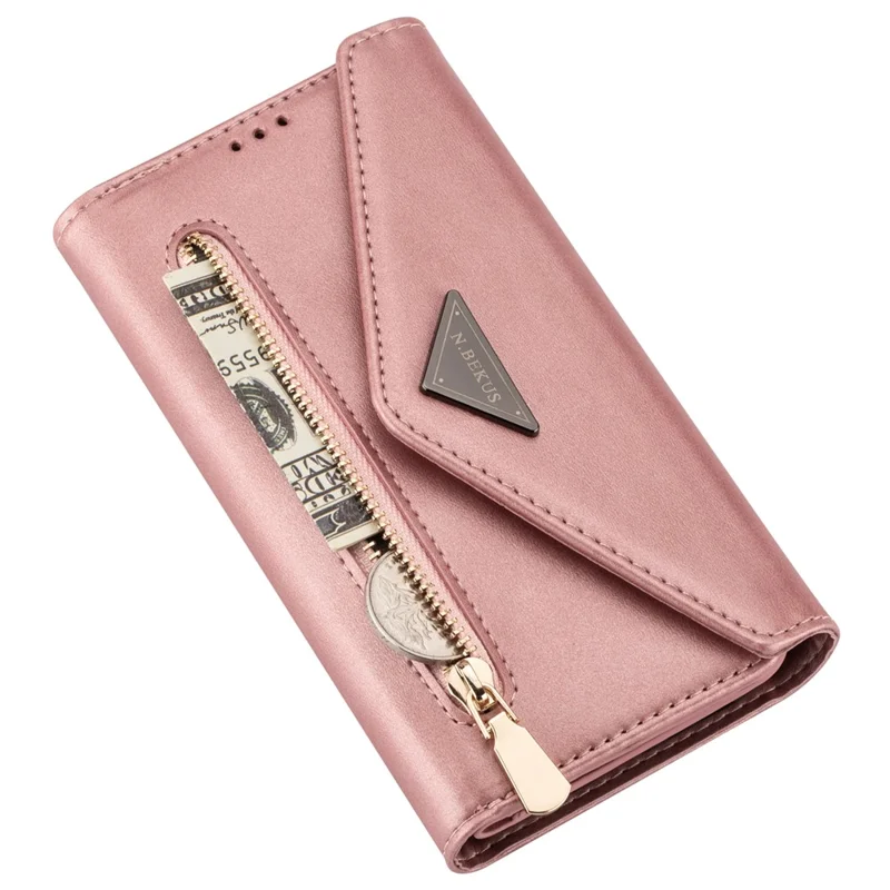 Zipper Wallet Leather Shell Stand Phone Cover with Short + Long Strap for Samsung Galaxy A12 - Rose Gold