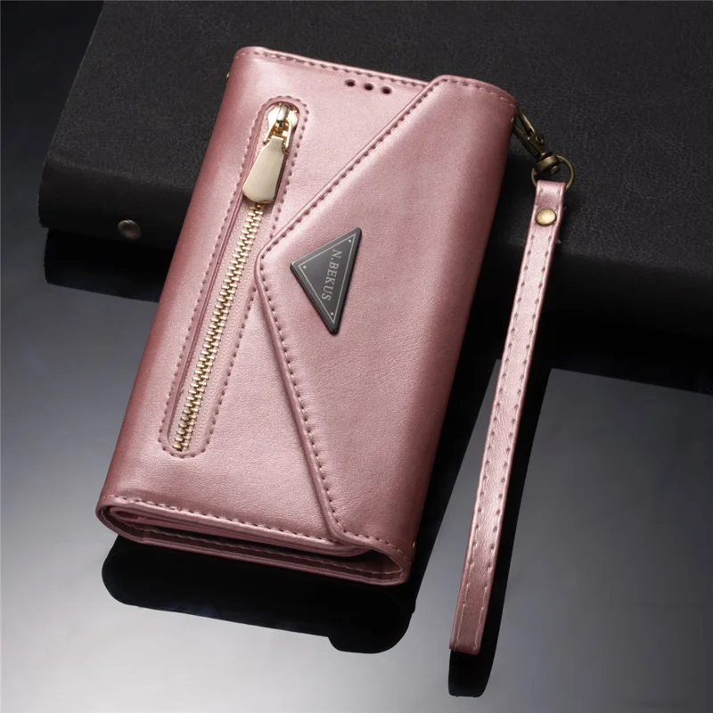 Zipper Wallet Leather Shell Stand Phone Cover with Short + Long Strap for Samsung Galaxy A12 - Rose Gold